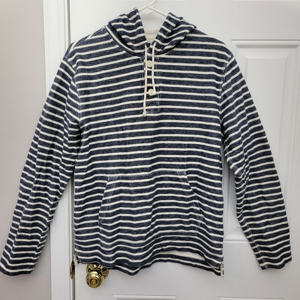 J Crew Authentic Fleece 100% Cotton Navy White Striped Pocket Hoodie Mens Medium